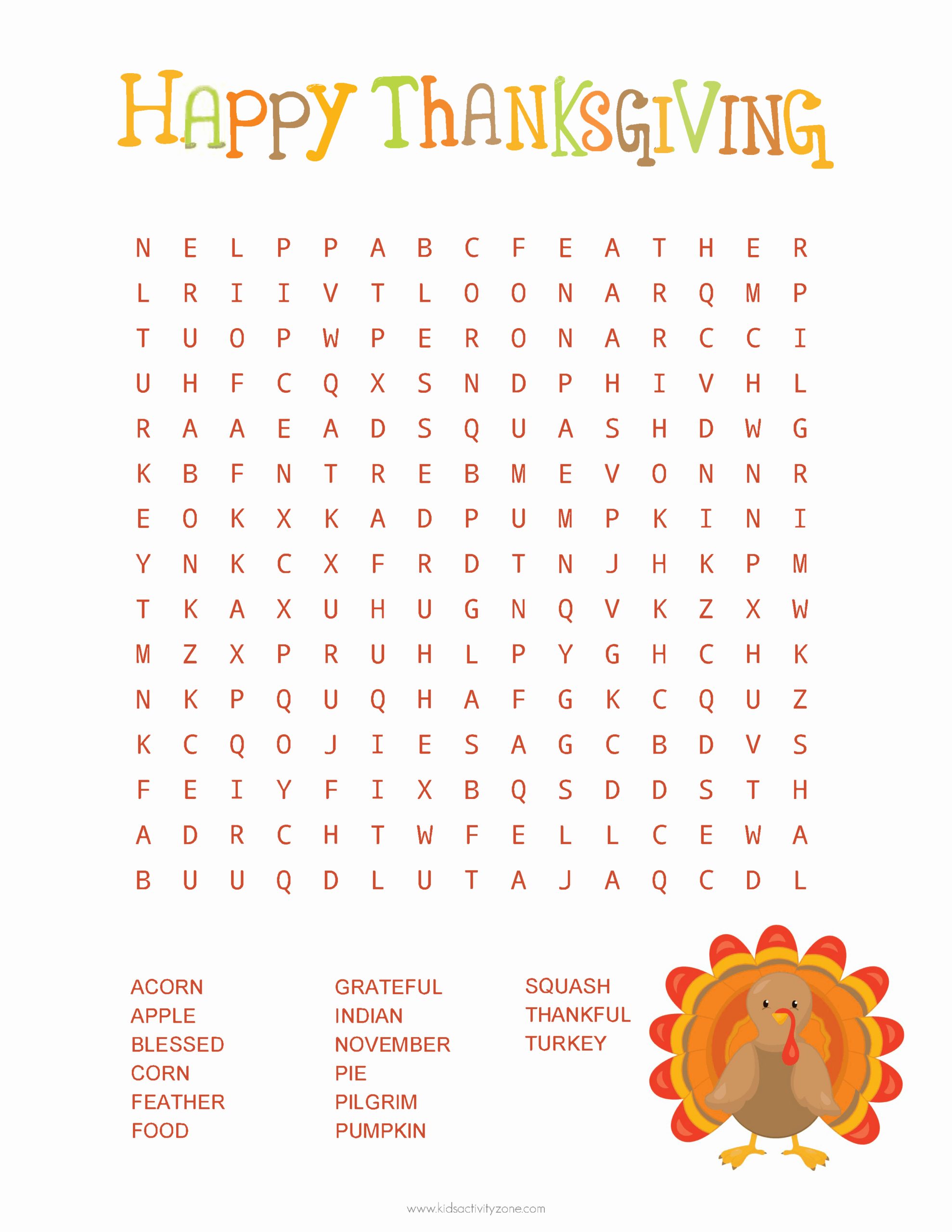 Thanksgiving Word Search - Kids Activity Zone for Thanksgiving Word Searches Printable