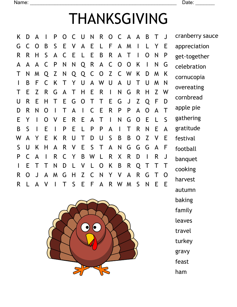 Thanksgiving Word Search - Wordmint in Thanksgiving Word Searches Printable