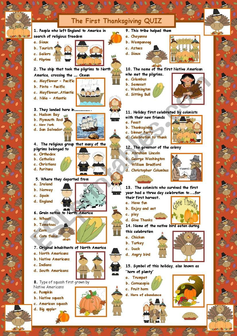 The First Thanksgiving Quiz (With Answers) - Esl Worksheetmaguyre intended for The History Of Thanksgiving Worksheet Answers