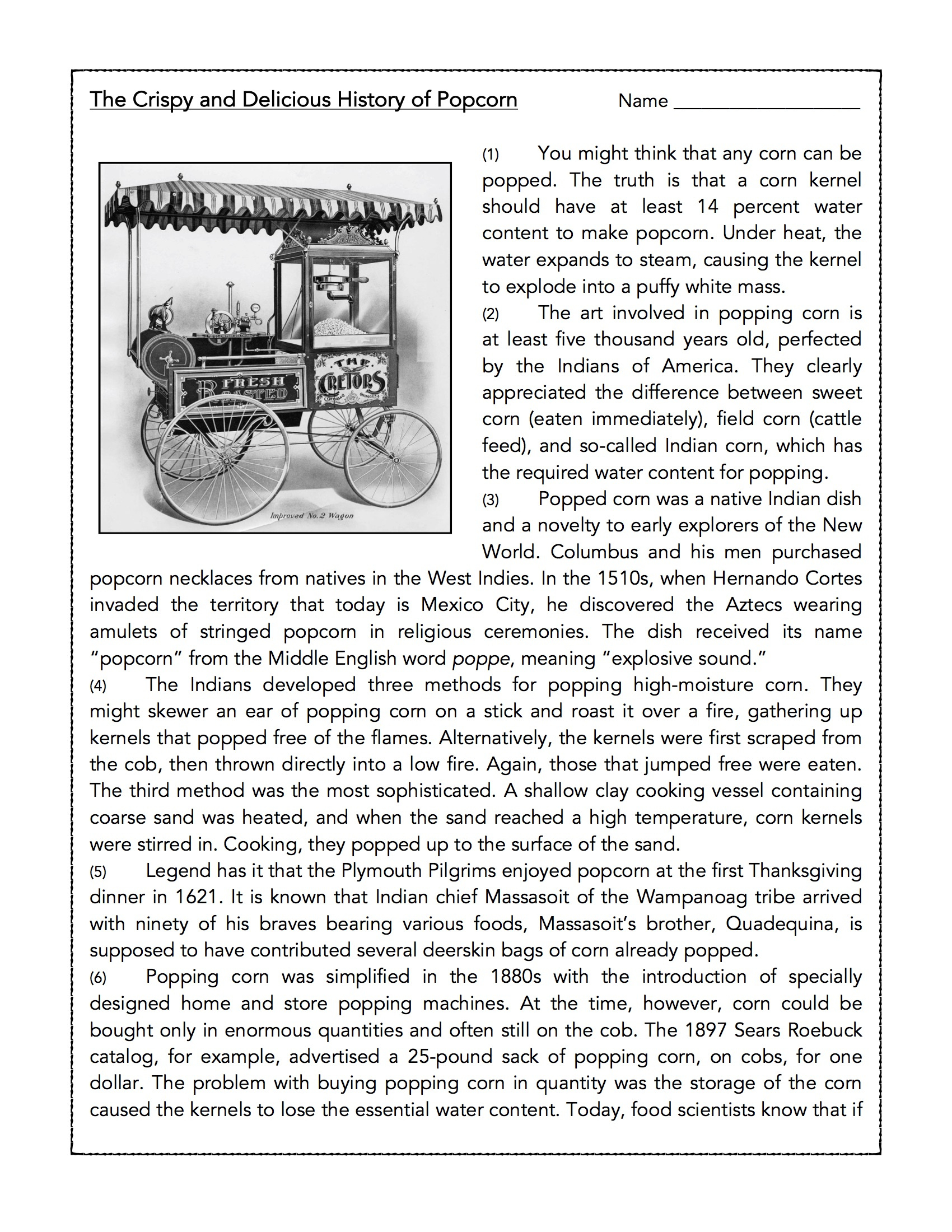 The History Of Popcorn- Reading Comprehension Passage/Assessment pertaining to The Real Story of Thanksgiving History Channel Worksheet Answers