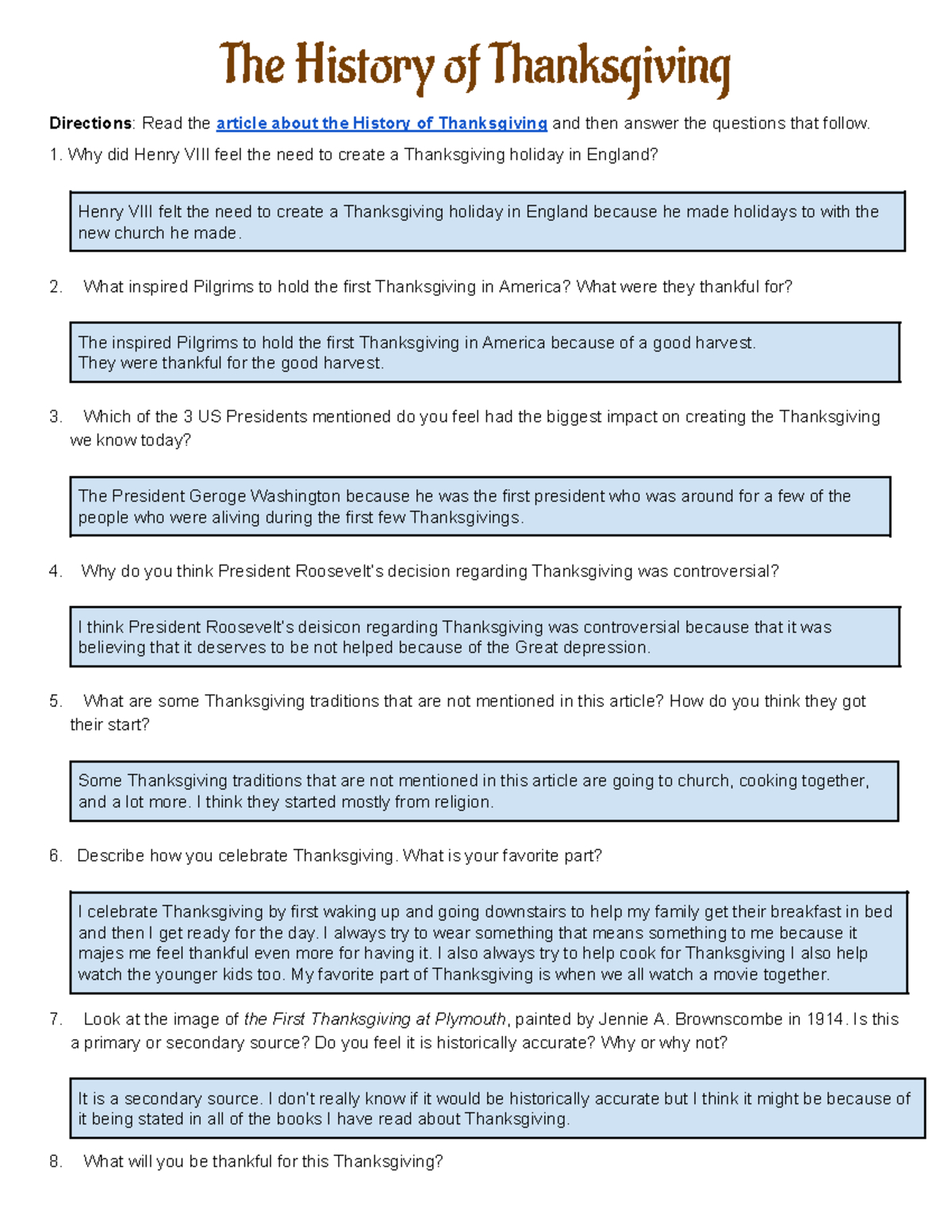 The History Of Thanksgiving - Why Did Henry Viii Feel The Need To within The History of Thanksgiving Worksheet Answers