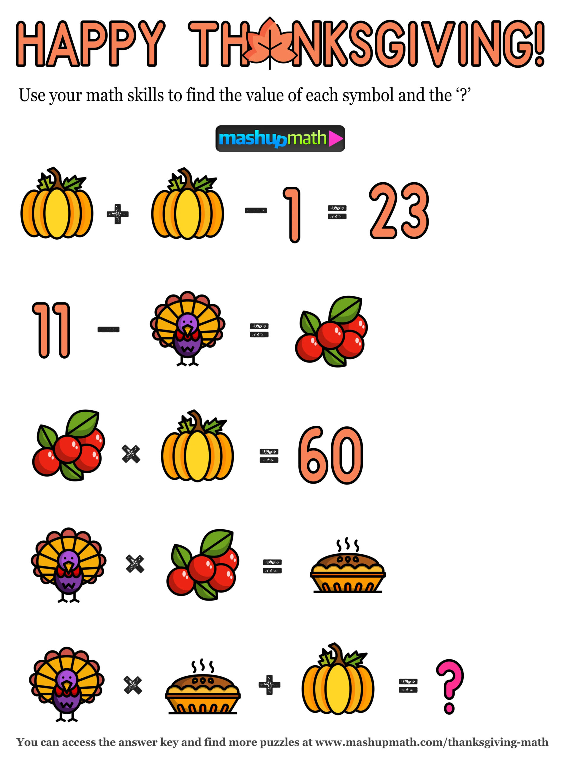 12 Thanksgiving Math Activities For Grades 1-8 — Mashup Math inside Thanksgiving Math Middle School Worksheets