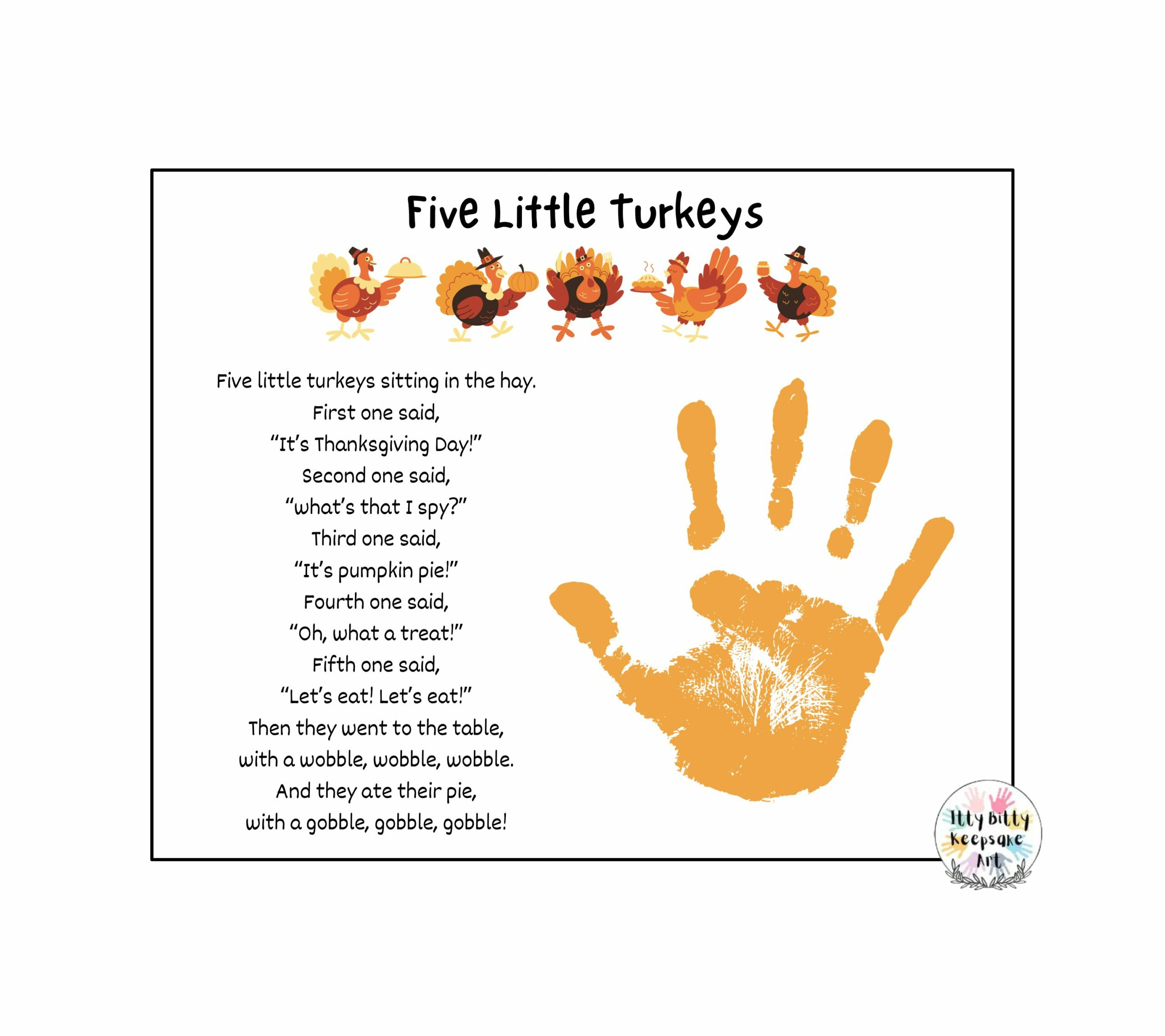 Five Little Turkeys Poem Handprint Craft Art Printable Template in Five Little Turkeys Printable