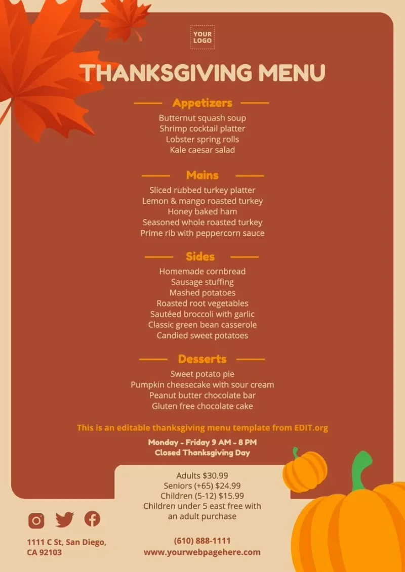 Free Custom Thanksgiving Menu Templates inside Free Online Thanksgiving Templates Menu