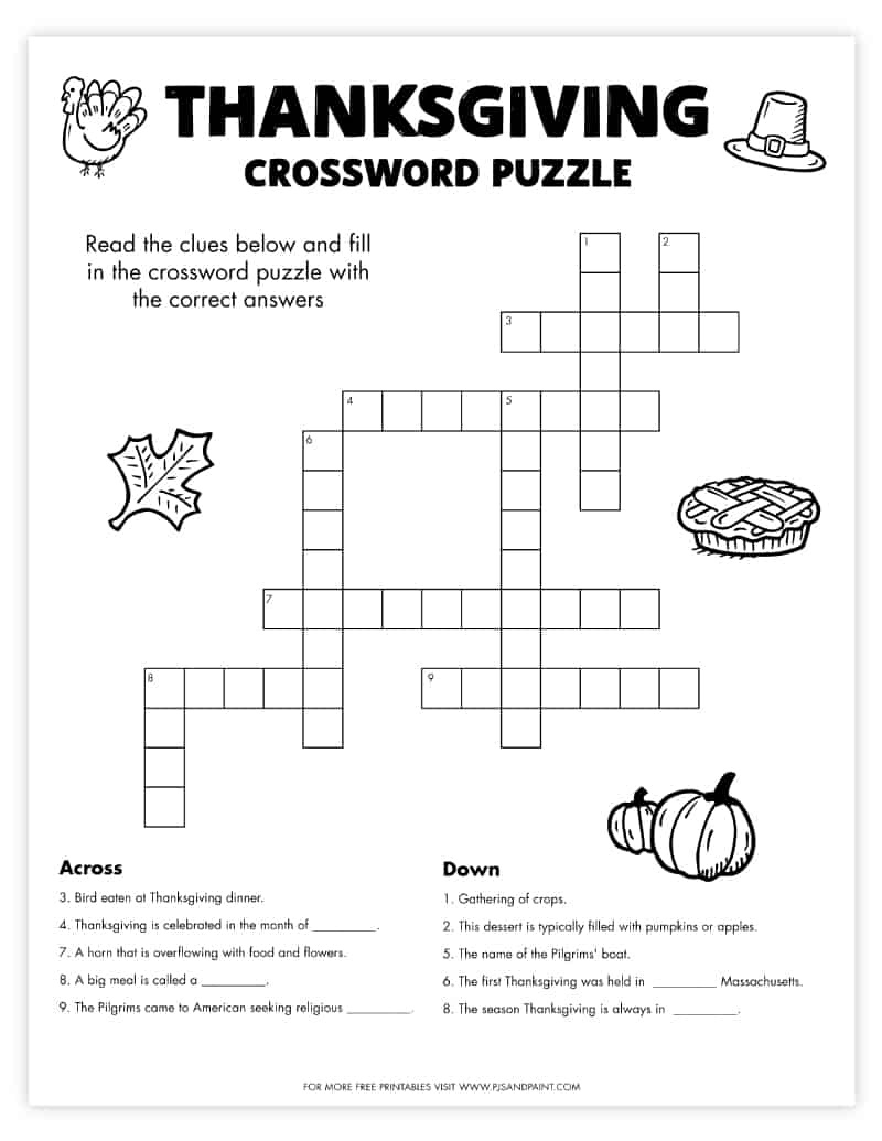 Free Printable Thanksgiving Crossword Puzzle - Pjs And Paint pertaining to Turkey Crossword Puzzle Printable