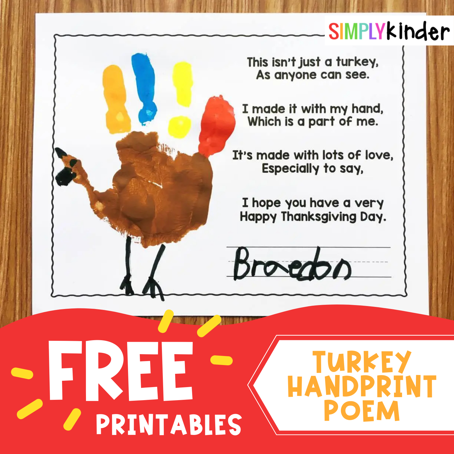 Free Turkey Handprint Poem - Simply Kinder with regard to Printable Handprint Turkey Poem