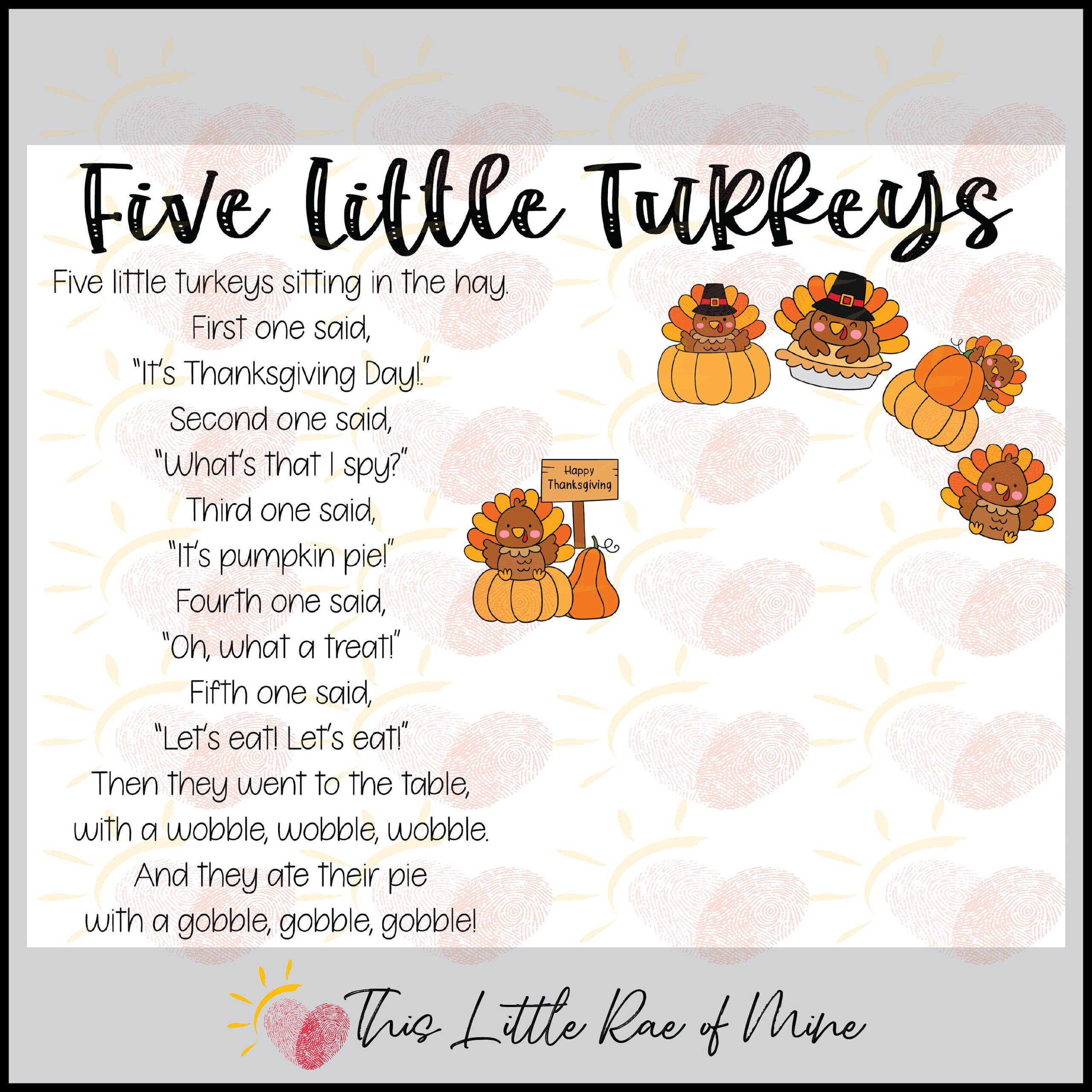 Fünf Kleine Truthähne - Thanksgiving - Kürbiskuchen - Gedicht pertaining to Five Little Turkeys Poem Printable