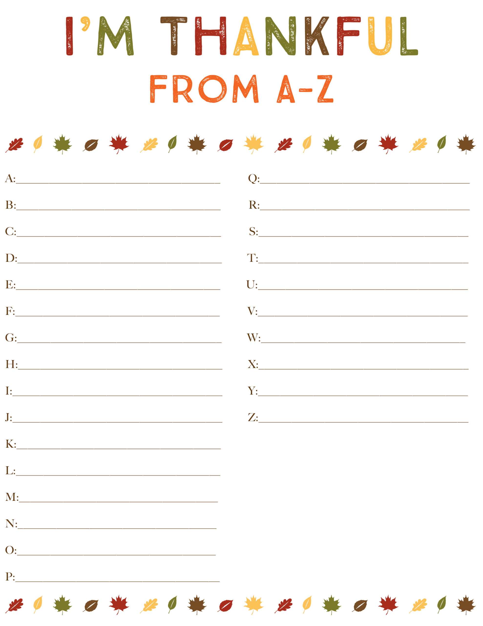 I'M Thankful From A-Z within I am Thankful A-Z Printable