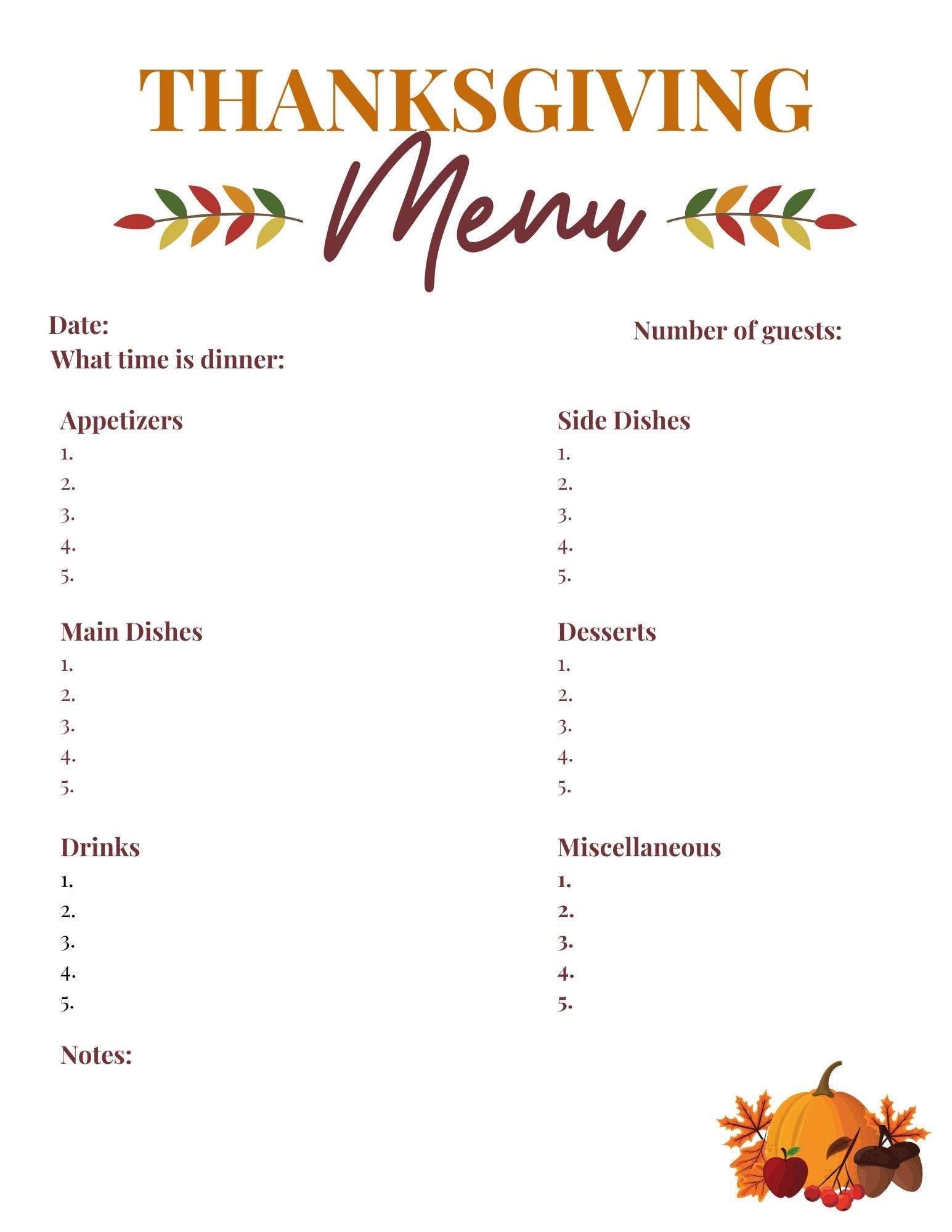 Instant Download Thanksgiving Menu And Shopping List, Thanksgiving within Thanksgiving Menu List Template