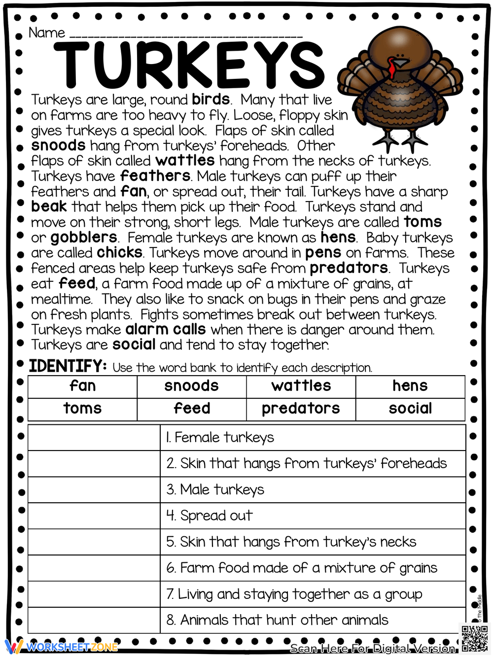 Printable Grade 8 Thanksgiving Worksheets Download in Tom the Turkey Printable	Informational