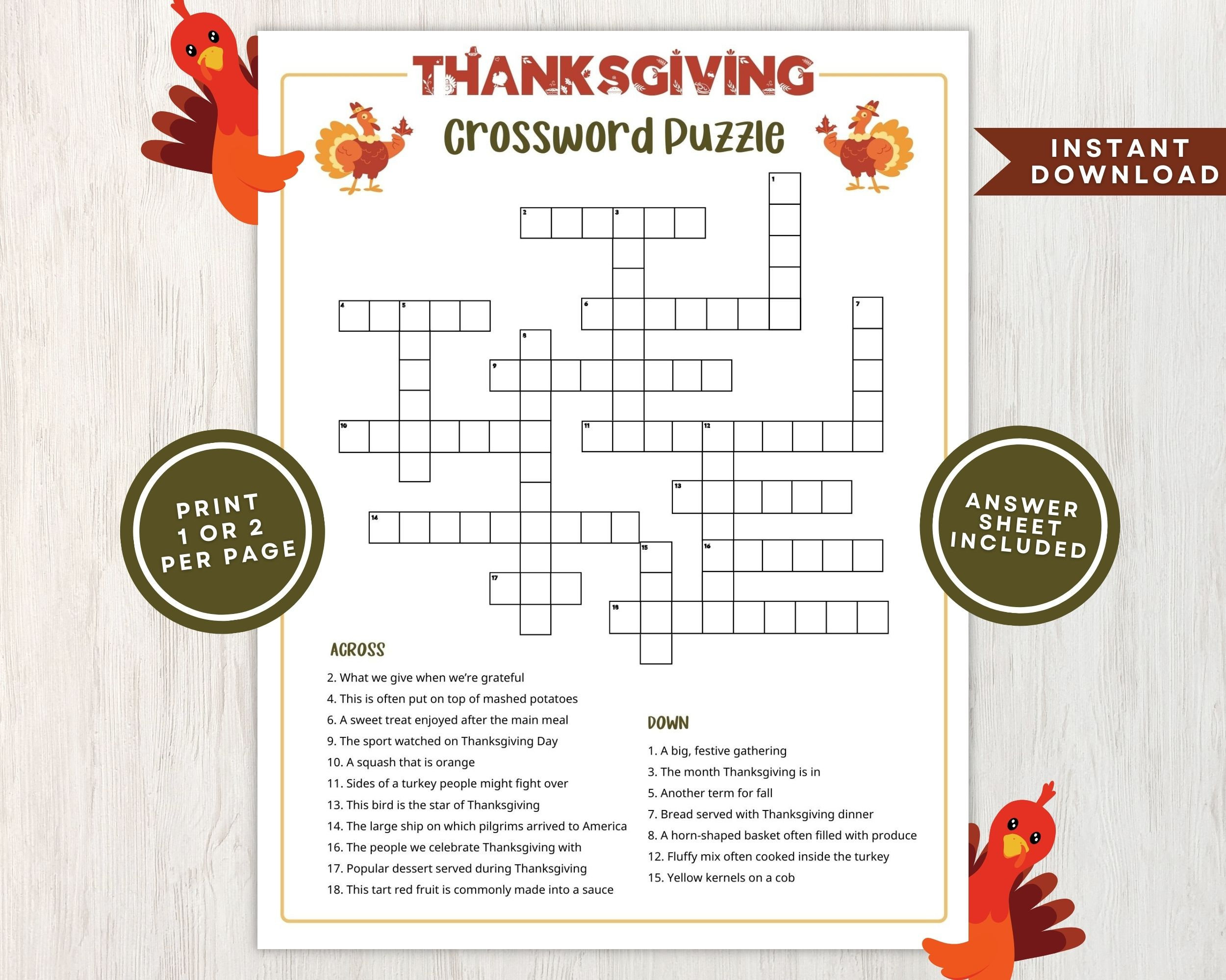Printable Thanksgiving Crossword Puzzle For Kids And Adults inside Turkey Crossword Puzzle Printable