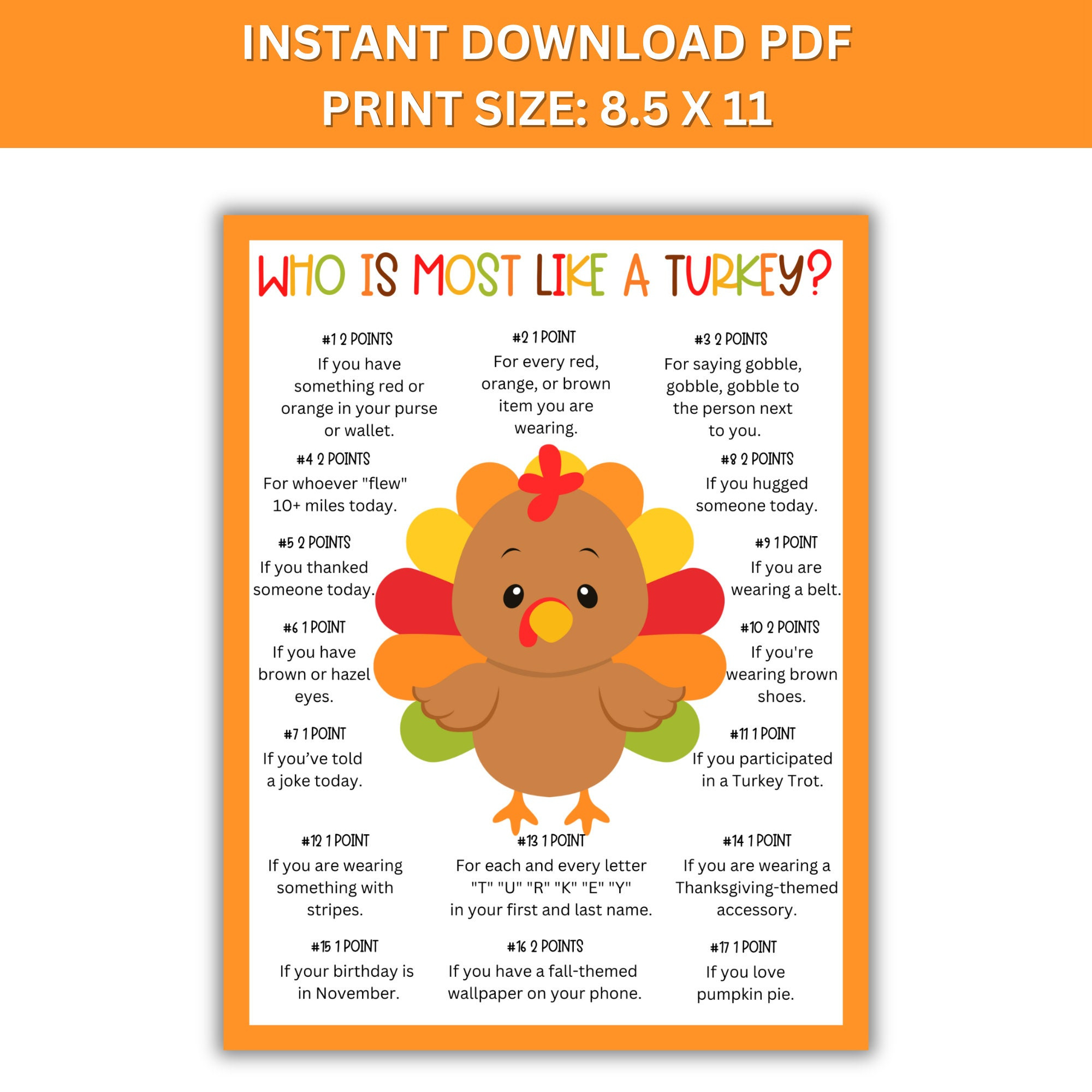 Printable &amp;quot;Who Is Most Like A Turkey?&amp;quot; Game - Instant Download Pdf within Who Is Most Like A Turkey Game Free Printable