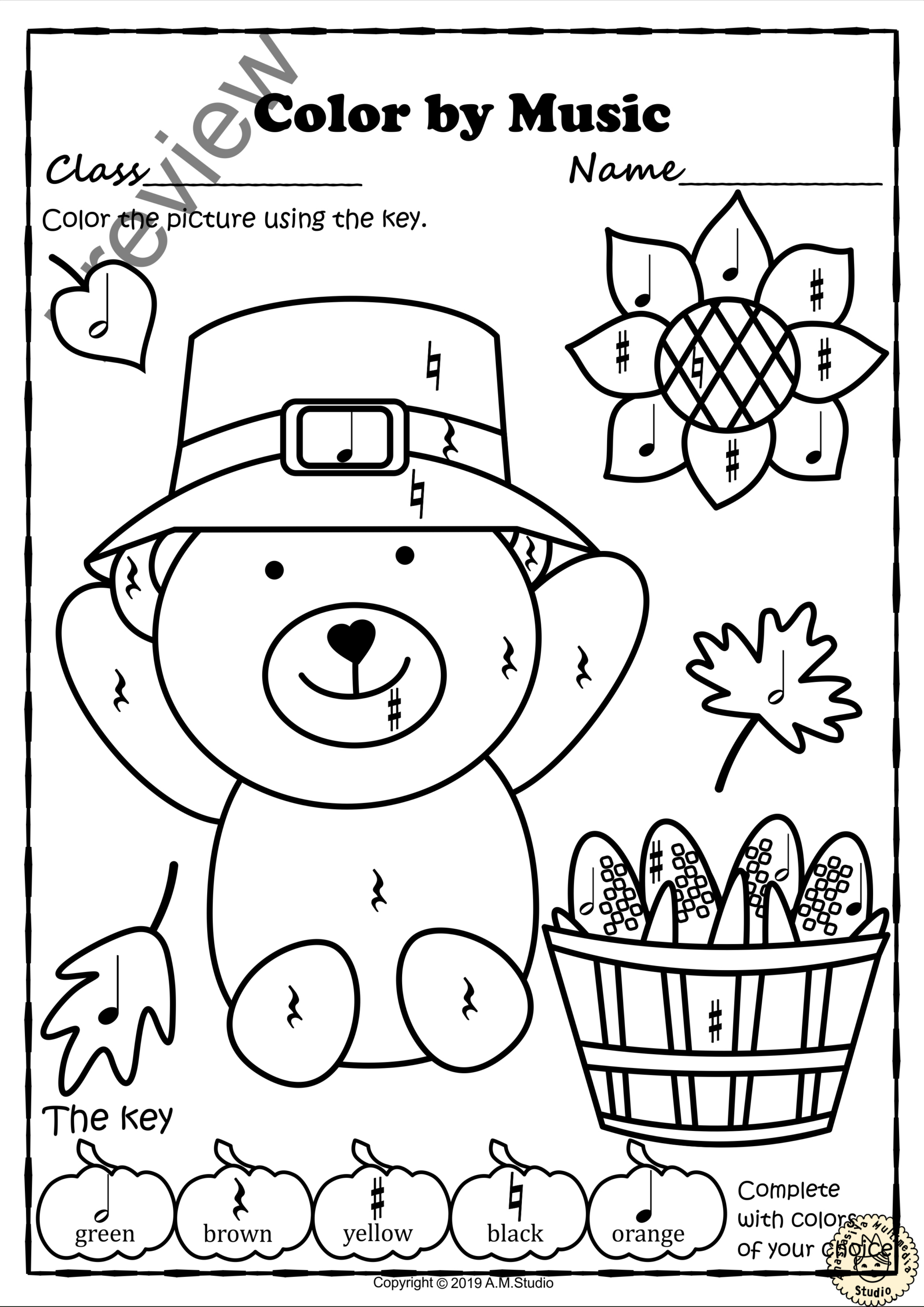 Thanksgiving Colormusic Pages {With Answers} inside Thanksgiving Rhythm Worksheet