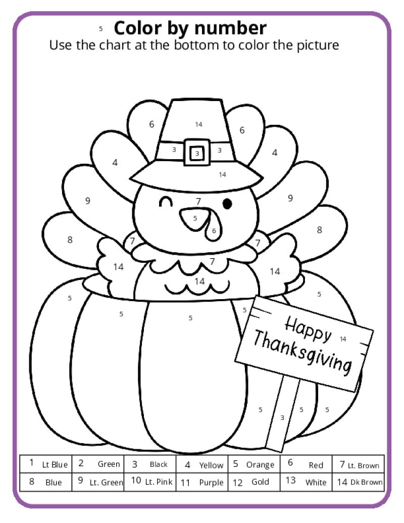 Thanksgiving Colornumber Pages - K12 Math Worksheets within Turkey Math Printables
