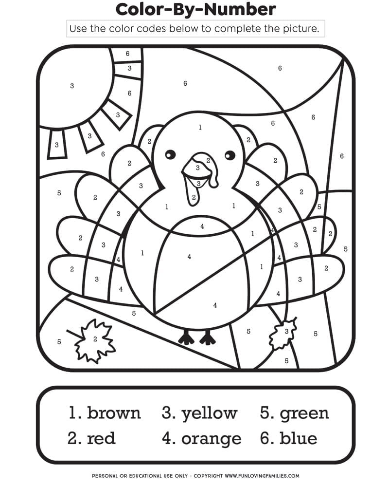 Thanksgiving Colornumber Printable Kids Activity - Fun Loving within Color By Number Turkey Printable