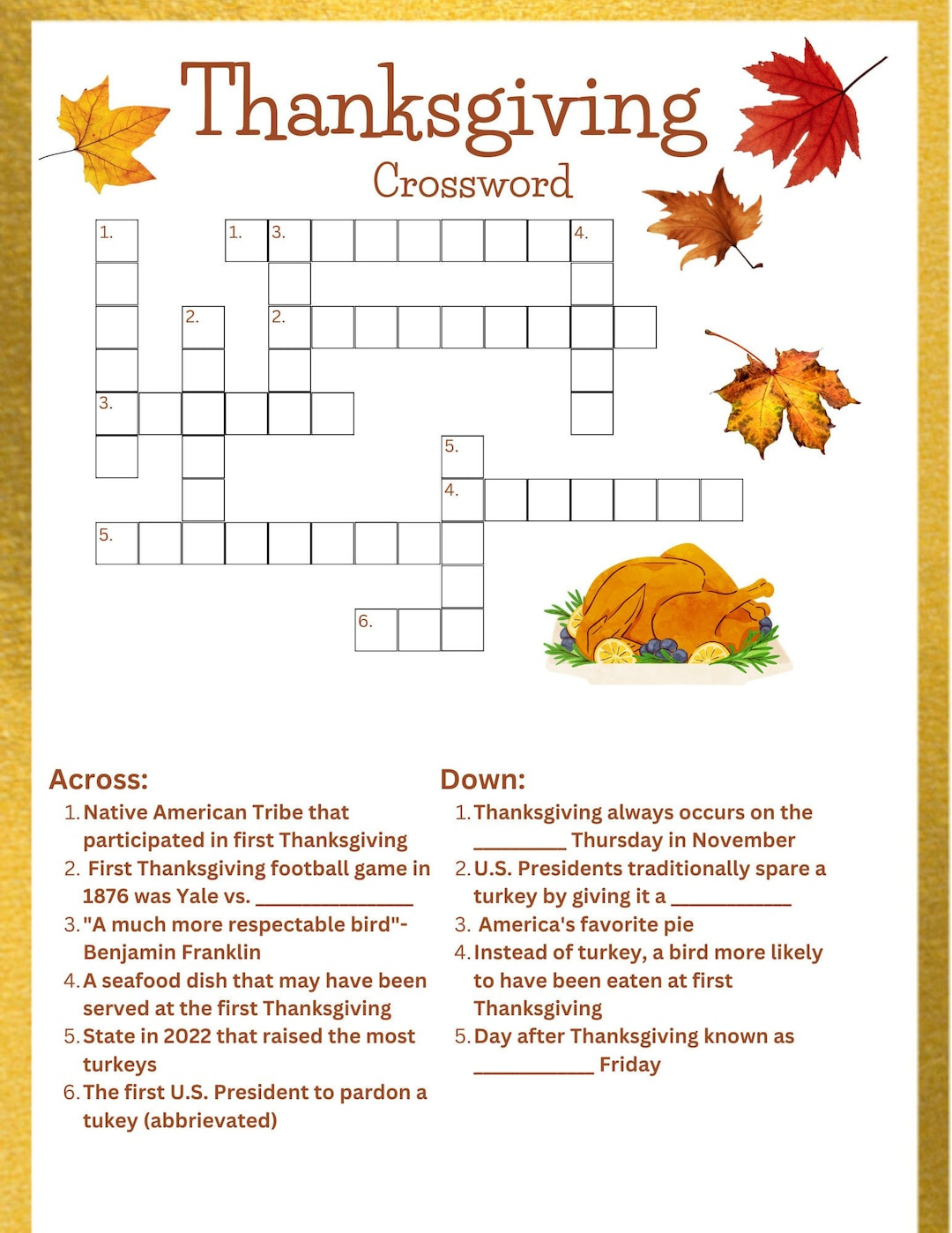 Thanksgiving Crossword - Etsy intended for Turkey Crossword Puzzle Printable