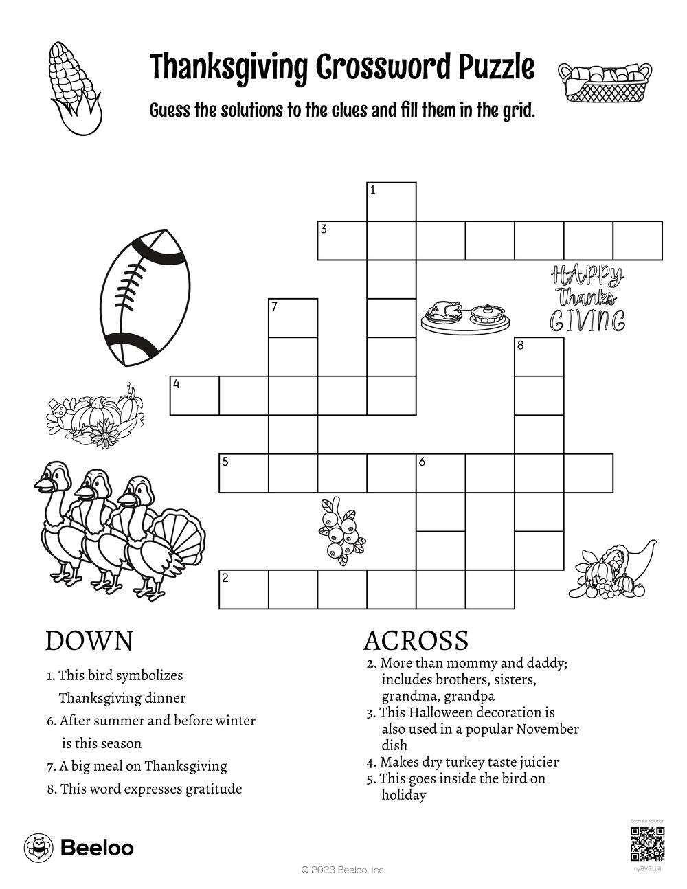 Thanksgiving Crossword Puzzle • Beeloo Printable Crafts And in Turkey Crossword Puzzle Printable