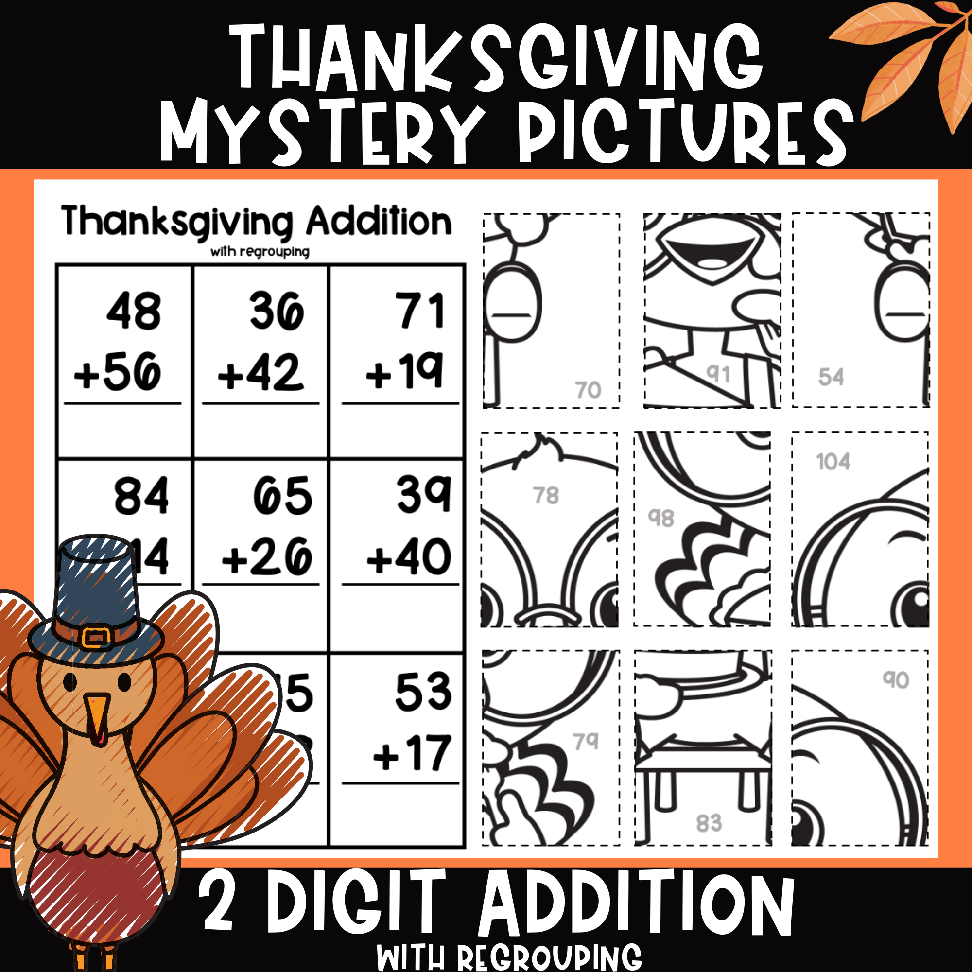 Thanksgiving Math 2 Digit Addition With Regrouping Mystery Pictures within Thanksgiving Mystery Math Picture Worksheet