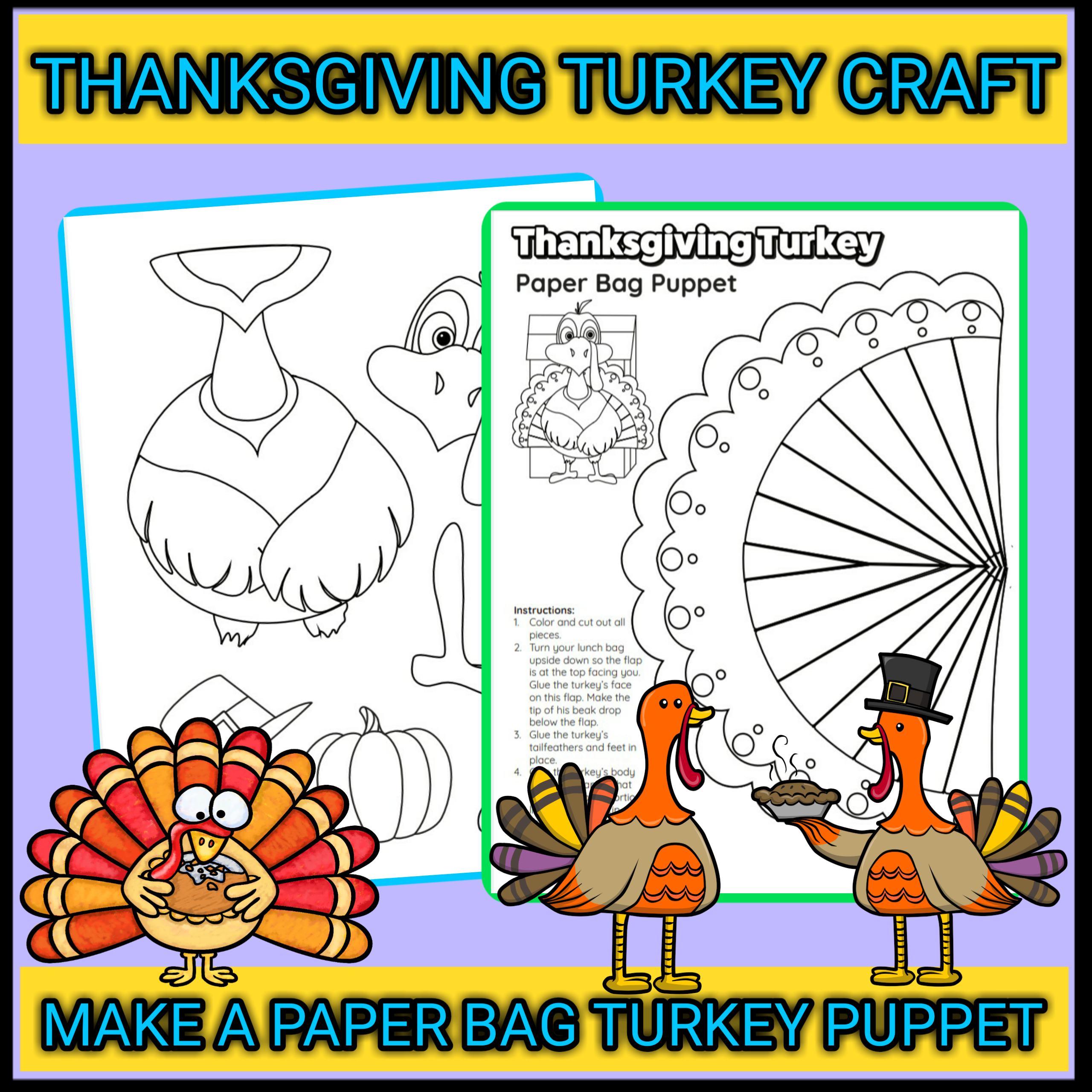 Thanksgiving Paper Bag Turkey Craft Template Activities For Kids with Free Printable Paper Bag Turkey Craft Template