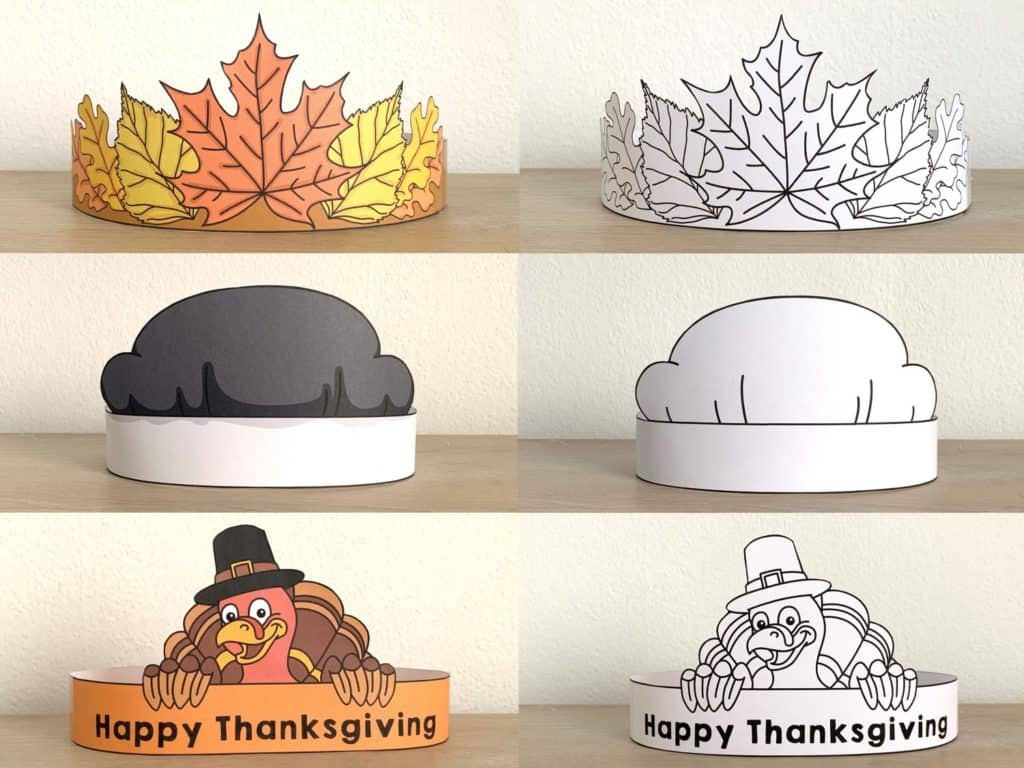 Thanksgiving Paper Crowns (Colored + For Coloring) – Happy Paper Time inside Turkey Hat Craft Free Printable	Informational