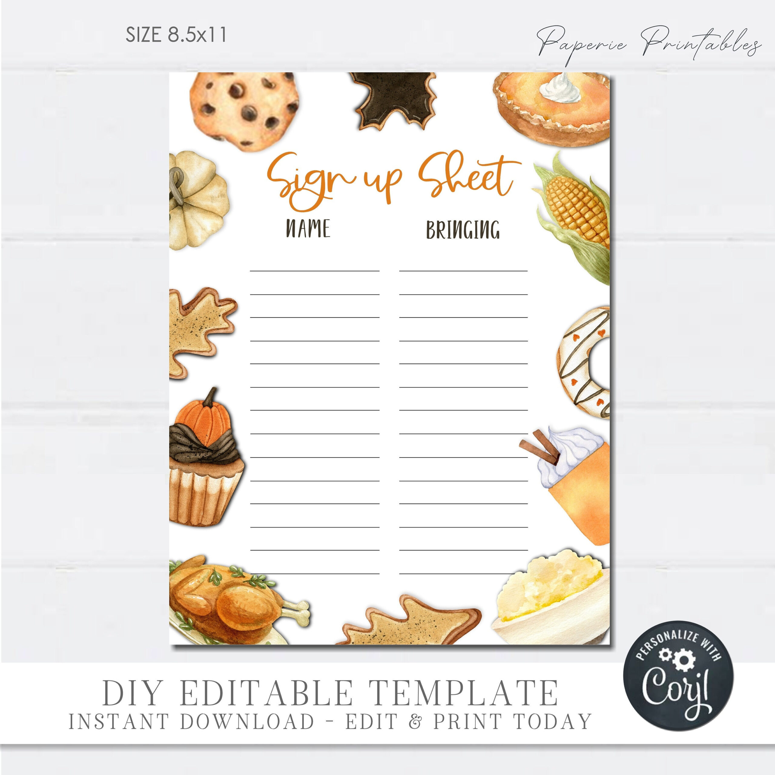 Thanksgiving Potluck Sign Up Sheet: Editable Diy Form (Digital throughout Thanksgiving Potluck Menu Template