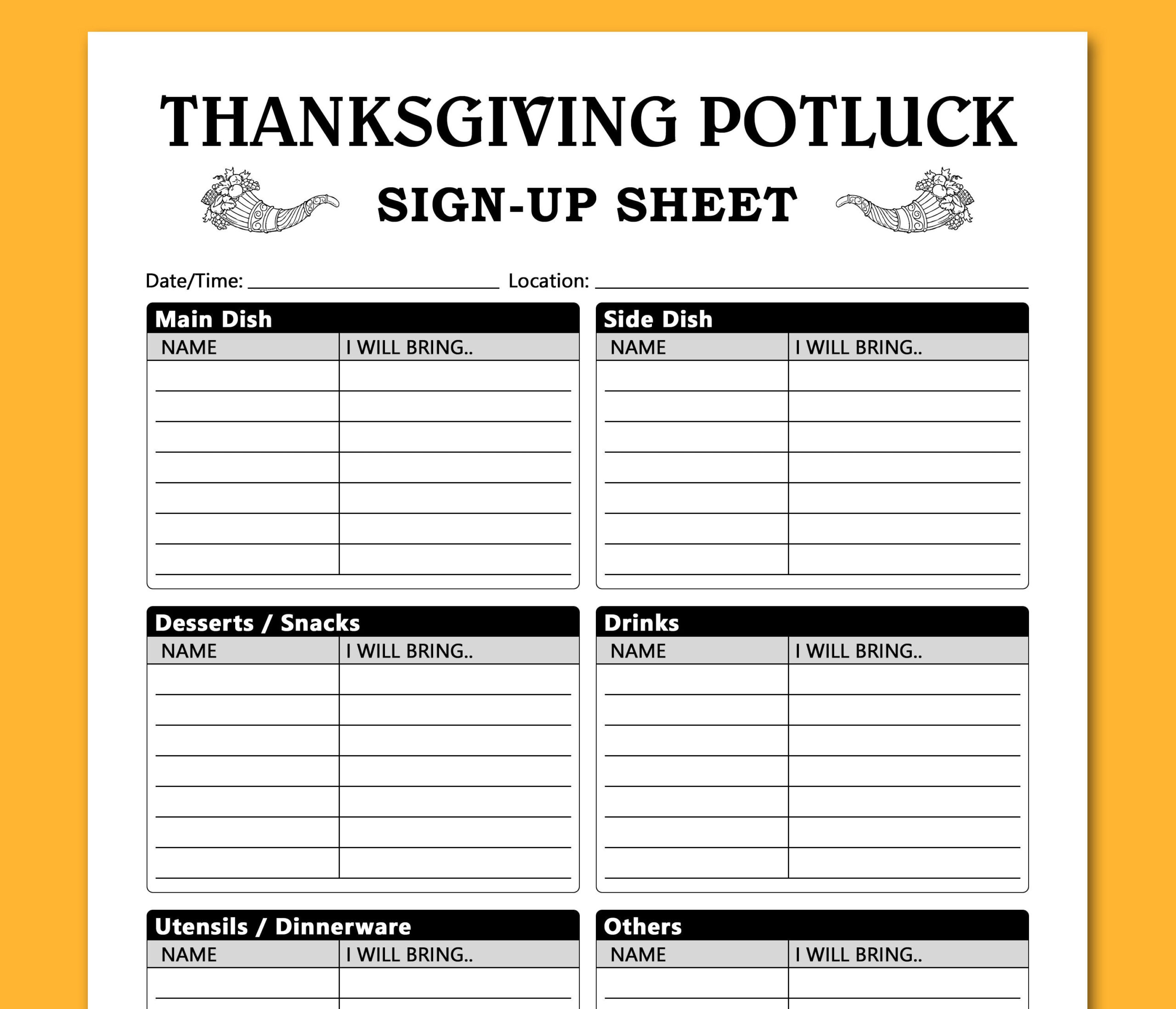 Thanksgiving Potluck Sign Up Sheet Printable Template, Potluck with Thanksgiving Potluck Menu Template