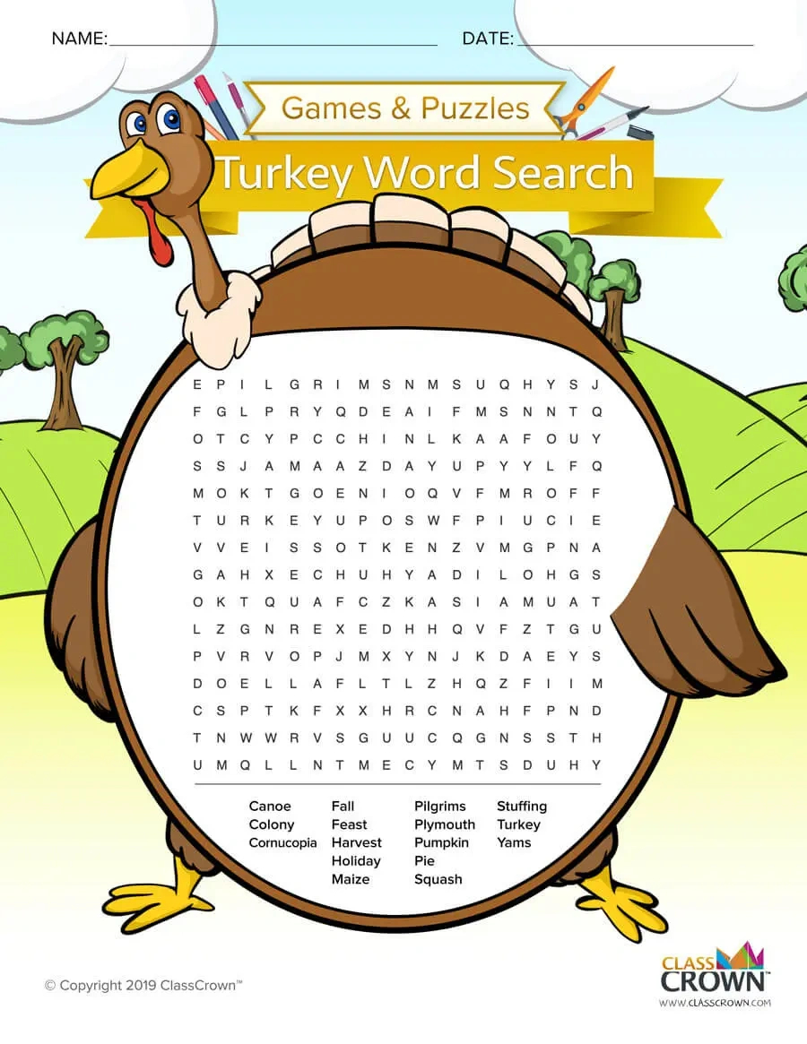 Thanksgiving Turkey Word Search - Puzzles | Classcrown throughout Turkey Word Search Free Printable