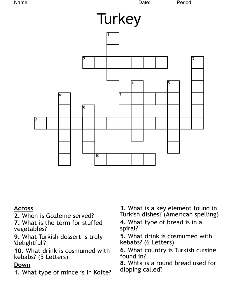 Turkey Crossword - Wordmint intended for Turkey Crossword Puzzle Printable