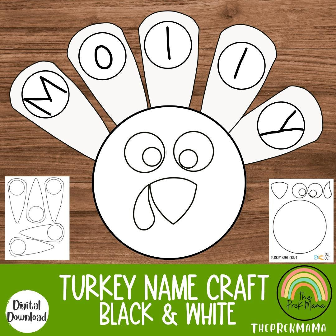 Turkey Name Craft Black And White Version, Fall Activity For Kids with Turkey Name Craft Printable