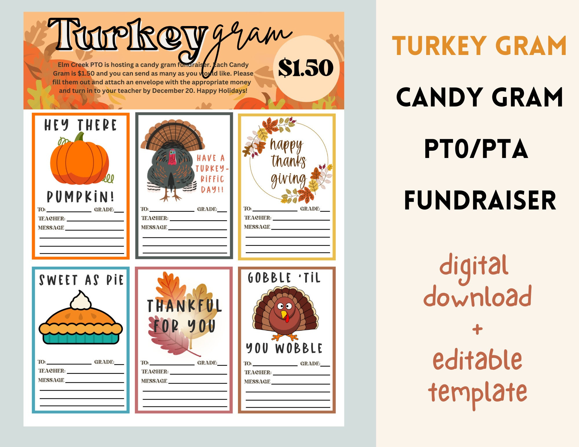Turkey Thanksgiving Gram Candy Gram Fundraiser For Pto/Pta School in Printable Turkey Grams