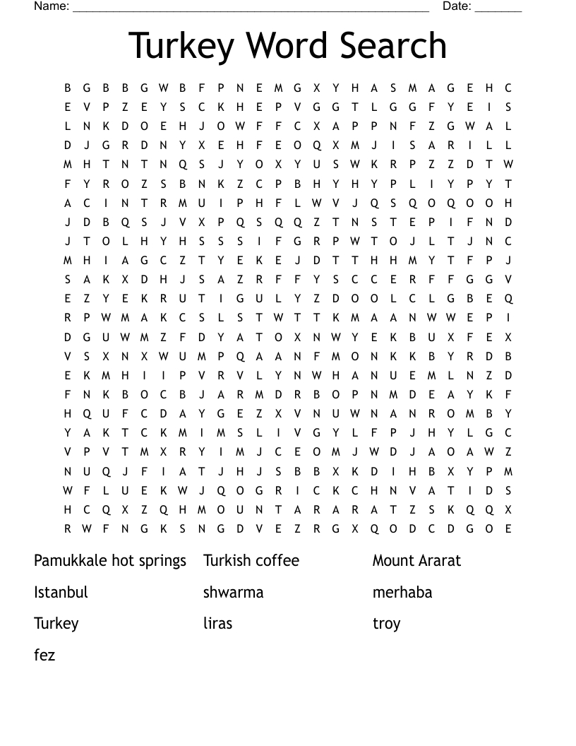 Turkey Word Search - Wordmint for Turkey Word Search Printable