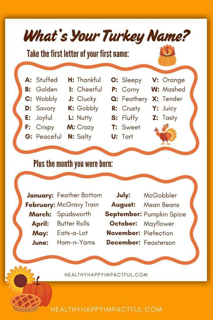 What&amp;#039;S Your Turkey Name? Free Thanksgiving Game Printable Activity for Thanksgiving Turkey Name Game Free Printable