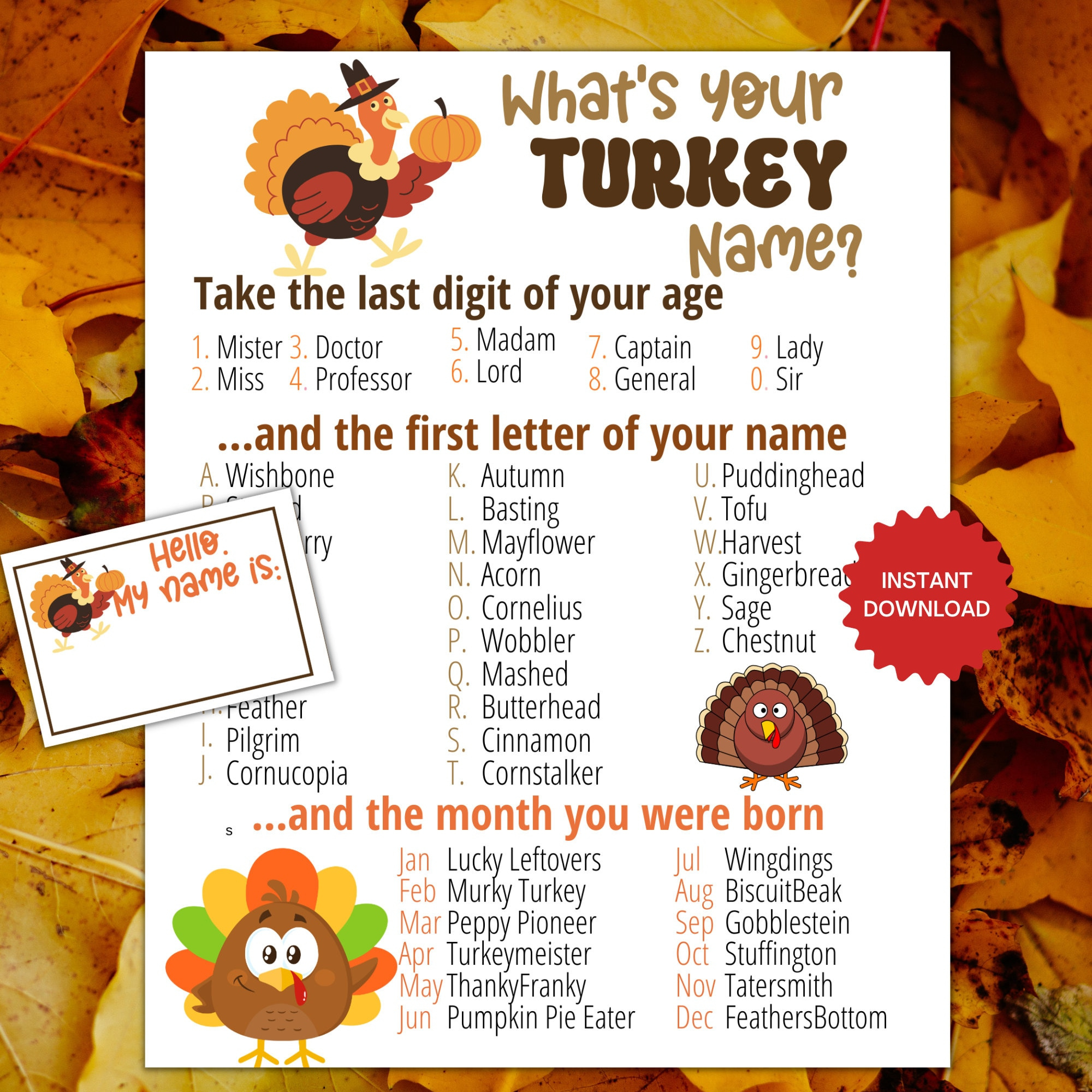 What&amp;#039;S Your Turkey Name Game With Nametags + Sign, Thanksgiving for What Is Your Turkey Name Printable