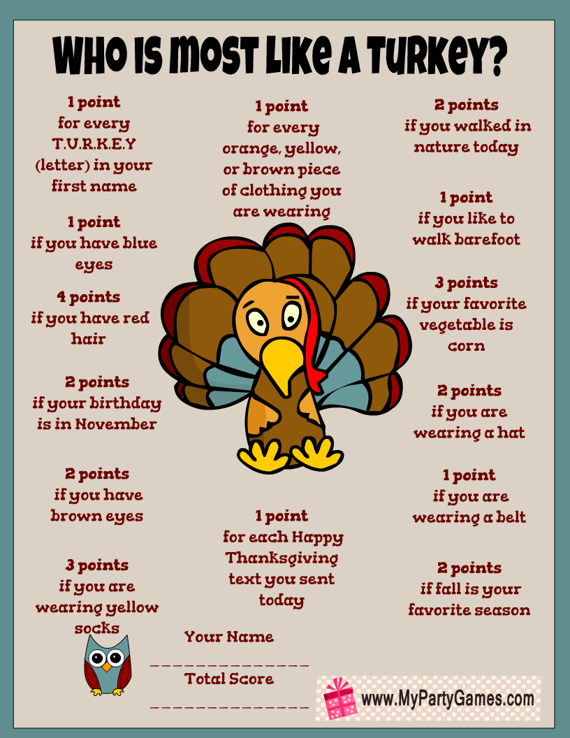 Who Is Most Like A Turkey Game | Thanksgiving Family Games for Who Is Most Like A Turkey Game Free Printable